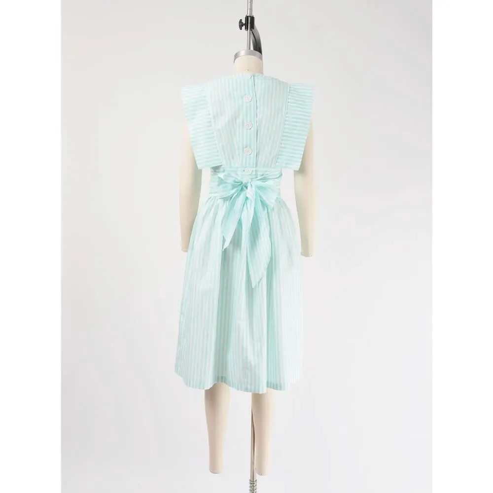 Vintage 80s Pastel Striped Dress Aqua White Cotton Blend Midi Sundress Bow S